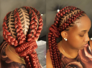 red fishbone braids side ponytail