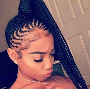 Center feed in braids with high pony tail