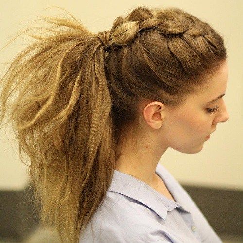 Bouncy Ponytail with Dutch Braid Crimped Hair