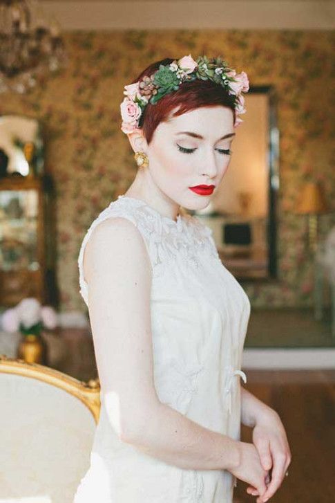 Short Red Pixie with Floral Crown