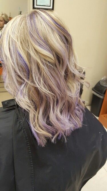 Caramel and lavender Highlights in a Blonde Base