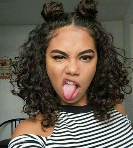 Layered Curly Lob With Space Buns