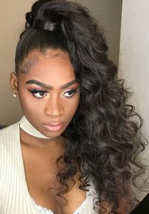 High Ponytail with Side Swept Bouncy Curls