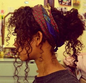 colorful scarf messy curly bun