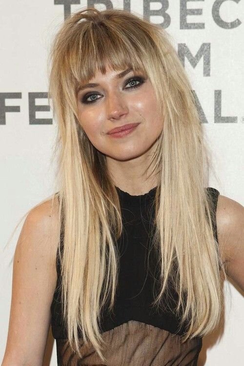 Long blonde hair with bangs to long