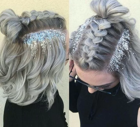 dutch braided bangs with glitter