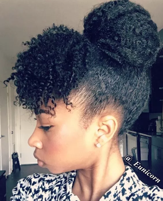 bun with curly bangs
