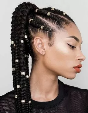 High Ponytail With Hair Rings & Feed In Braid And Hair Rings
