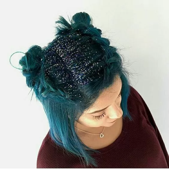 Teal Dutch Braids and Space Buns