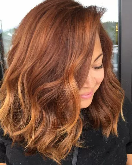 Wavy Lob with Bright Cinnamon Highlights
