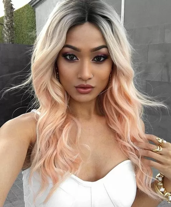 Pastel Peach Waves with Dark Roots