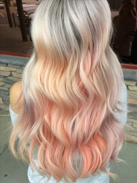 Long Peach Hair with Silver Roots and Highlights