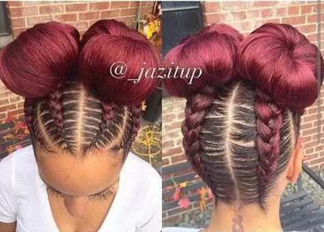 Red Double Bun Feed In Braids