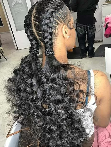 Feed In braids low curly double ponytail