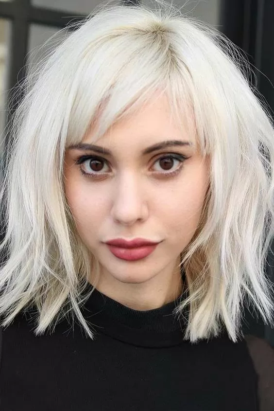 Platinum Lob with Short Side-Swept Bangs