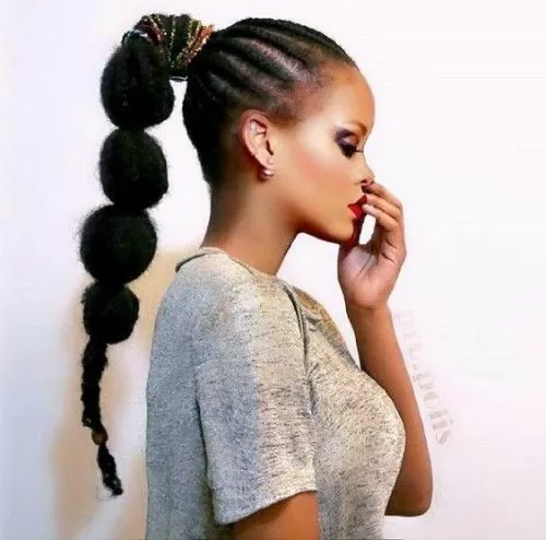 Bumpy ponytail braided with weave