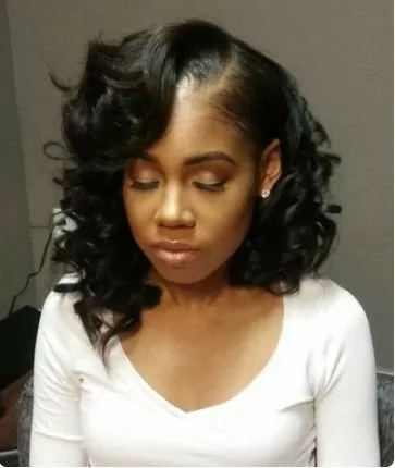 pin curls bob side part sew in