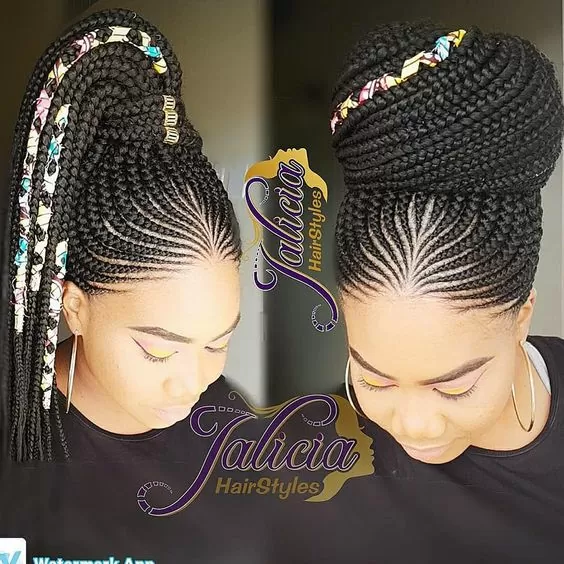 Feed-in big high bun with hair beads and fabrics