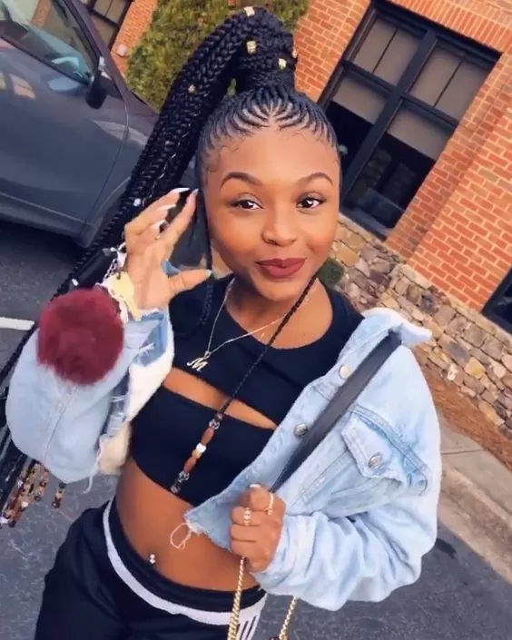 Super High Ponytail Freed in Braids and Beads