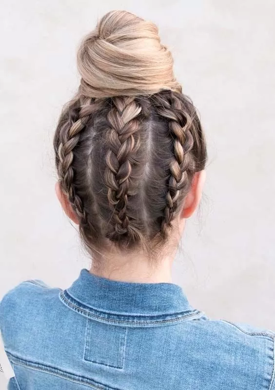 topknot with triple upsidedown dutch braids
