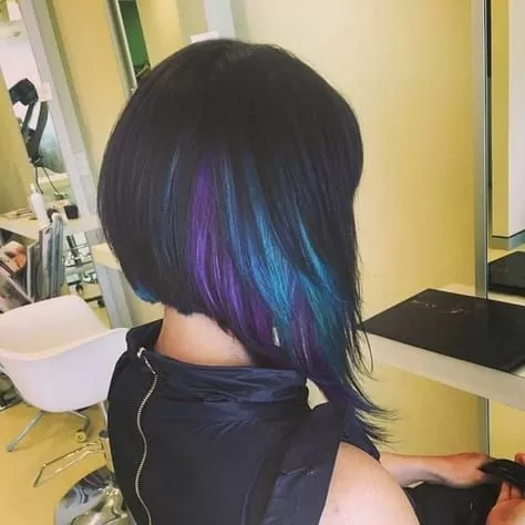 Asymmetric Bob with Peekaboo Peacock Highlights