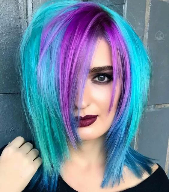 Turquoise Hair with Lavender Bangs