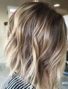 Wavy Chocolate Lob with Bright Blonde Balayage